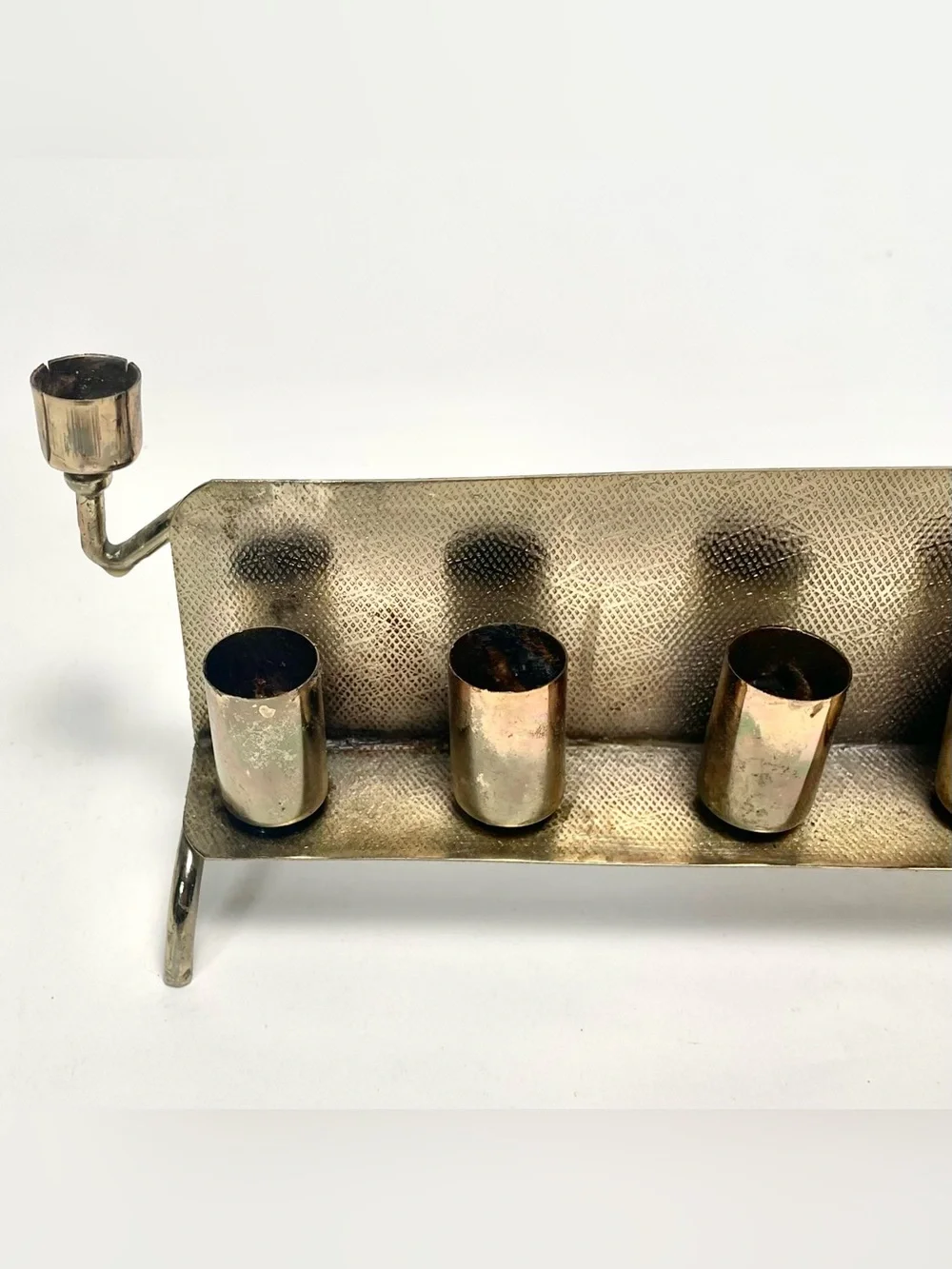 Vintage Mid Century Modern Menorah Silver & Gold Tone Textured Aluminum Hanukkah